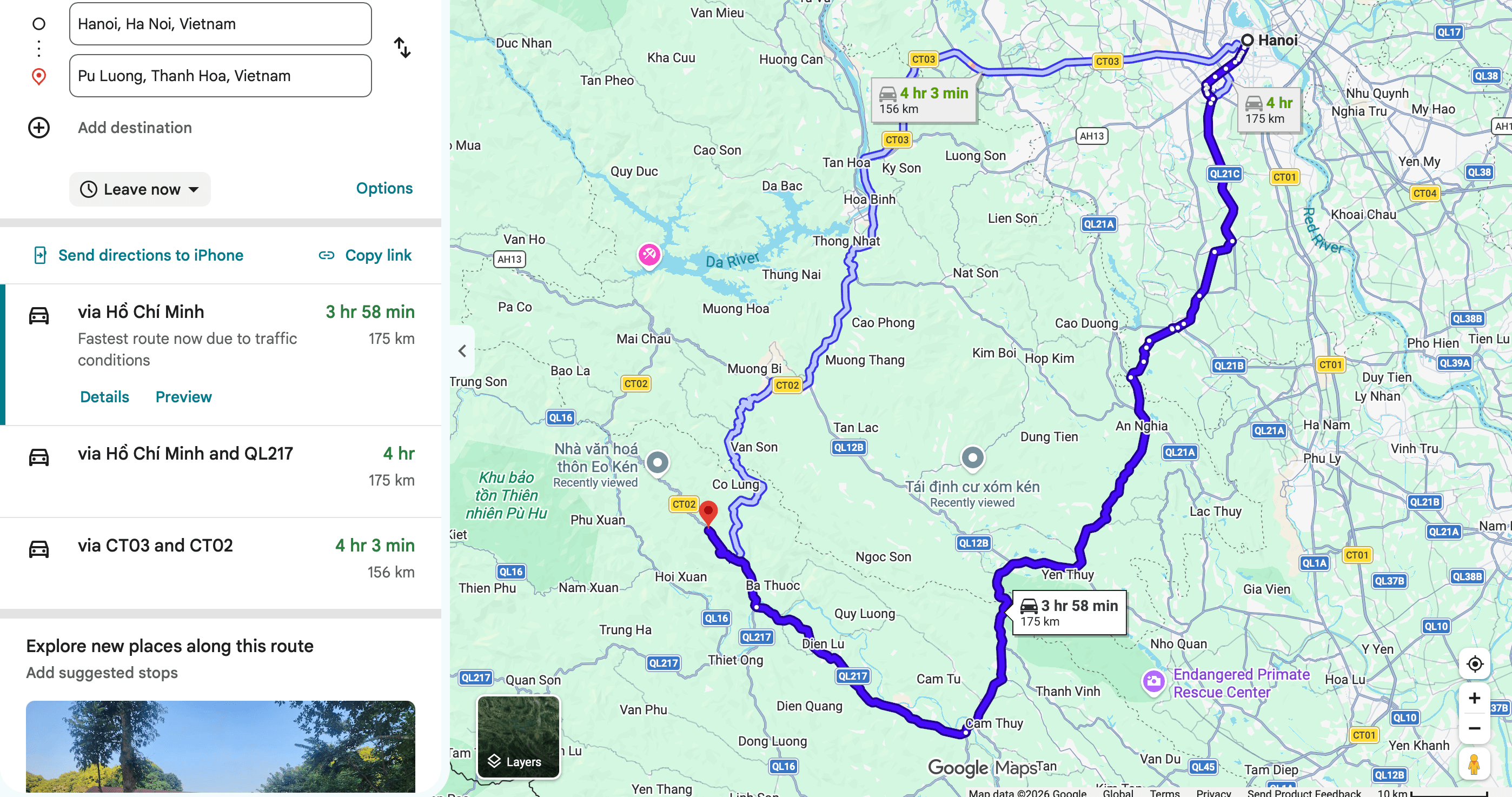 Travel route map from Hanoi to Son Ba Muoi through scenic mountain passes