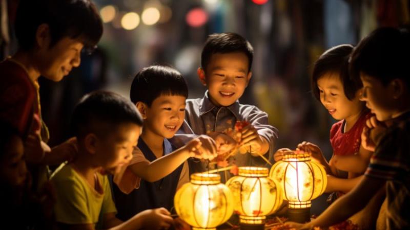 Children gather during the evening lantern procession to celebrate the Mid-Autumn Festival 