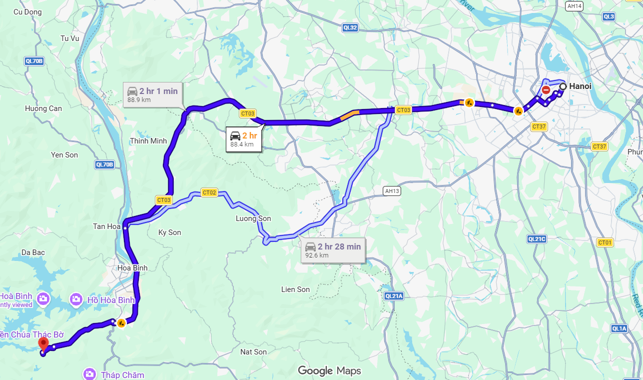 Map show from Ha Noi to Thung Nai