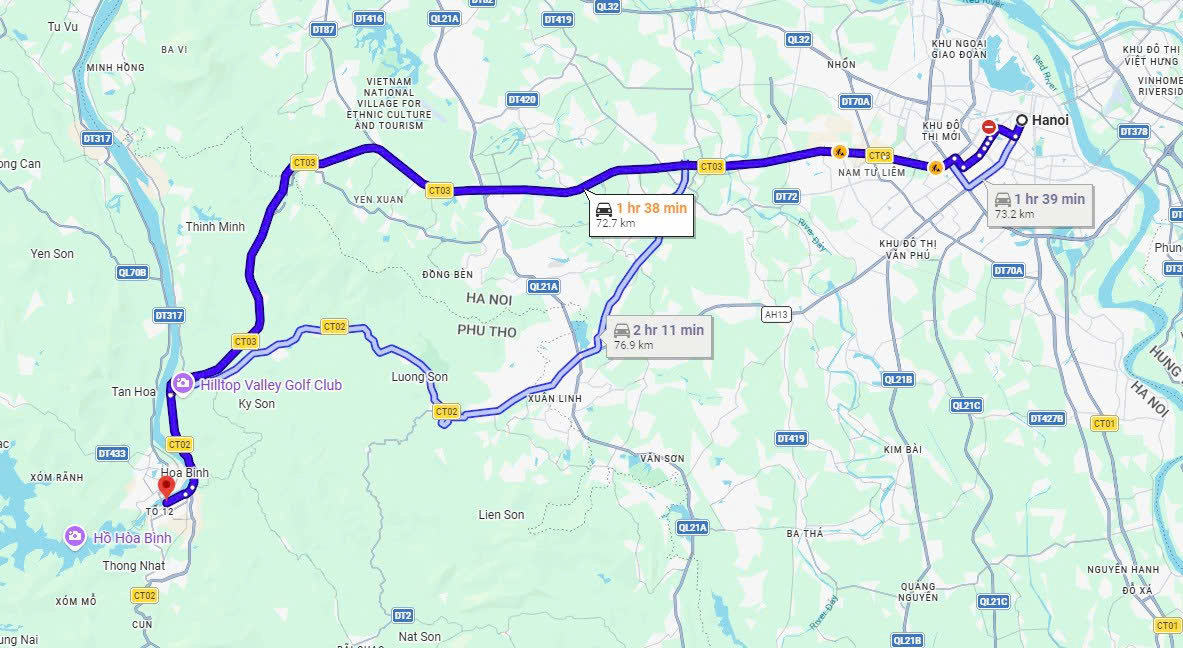 From Hanoi to Da Giang, Hoa Binh (Source: Google Maps)