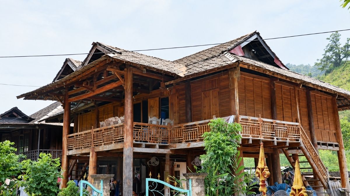 A Thai stilt-house village in northern Vietnam, surrounded by terraced rice fields A Thai stilt-house village in northern Vietnam, surrounded by terraced rice fields