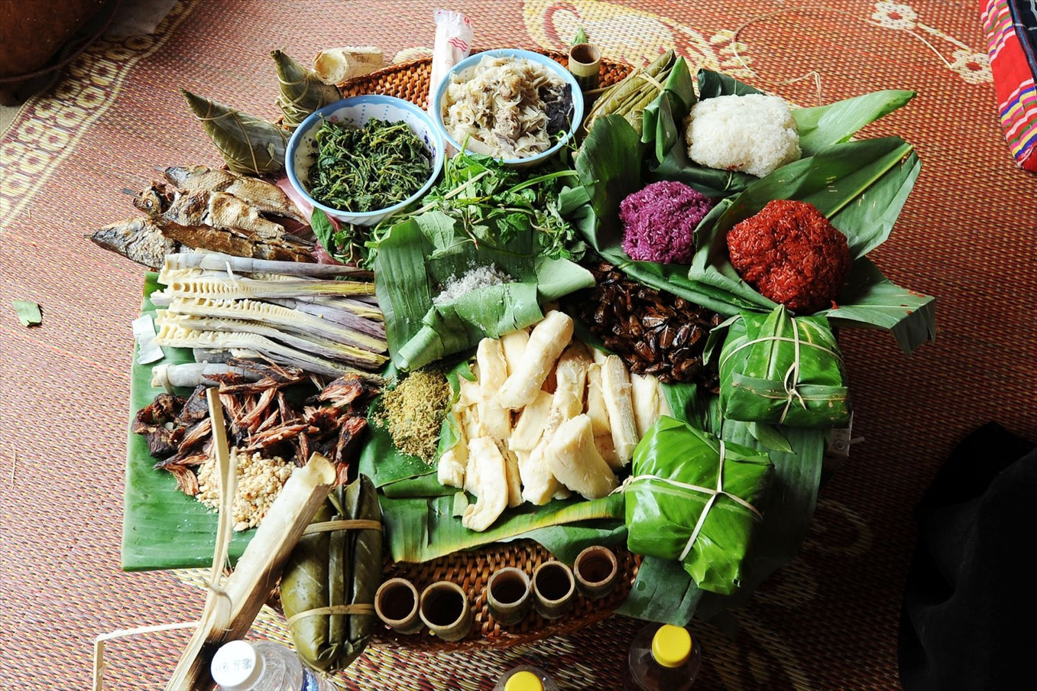 Mâm cơm Tết Pù Luông phong phú với cơm lam, cá suối và các loại rau rừng (Nguồn: Dân Tộc & Phát Triển)
