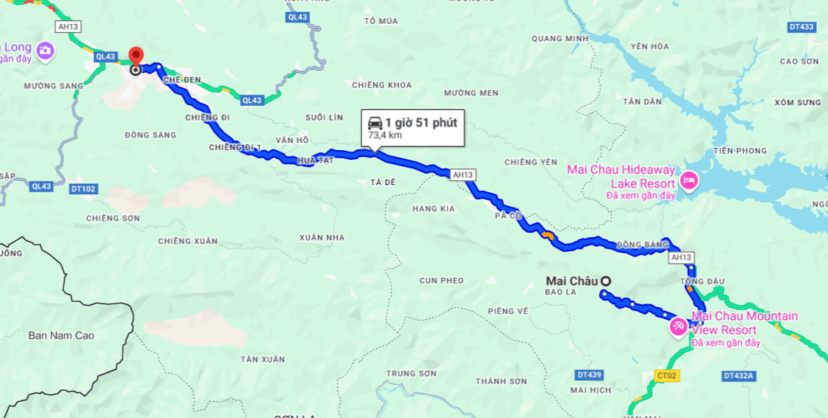 Mai Châu cách Mộc Châu khoảng 74km