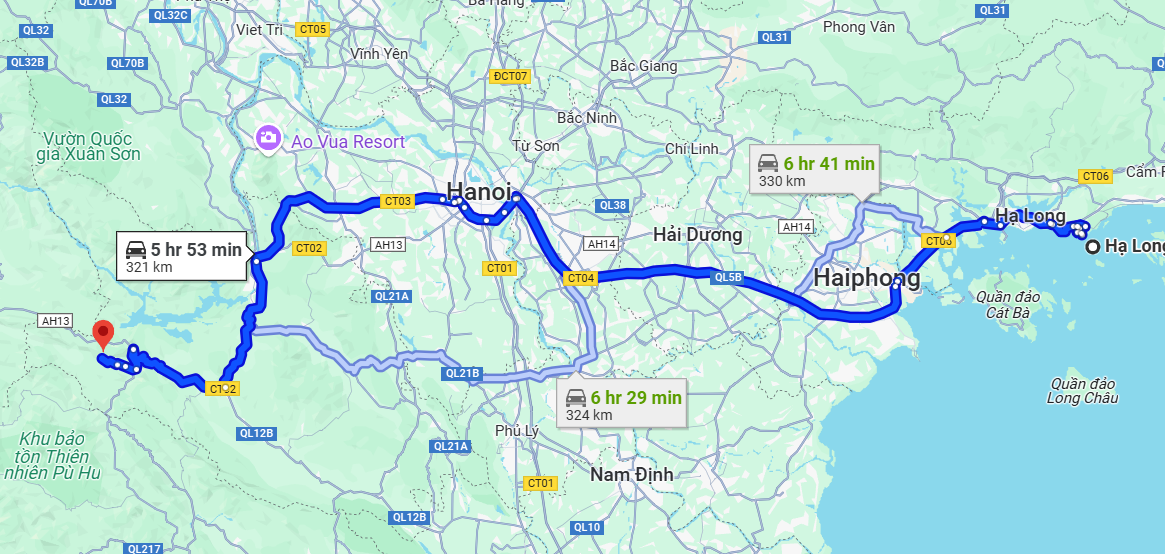 Distance and travel time from Halong bay to Mai Chau