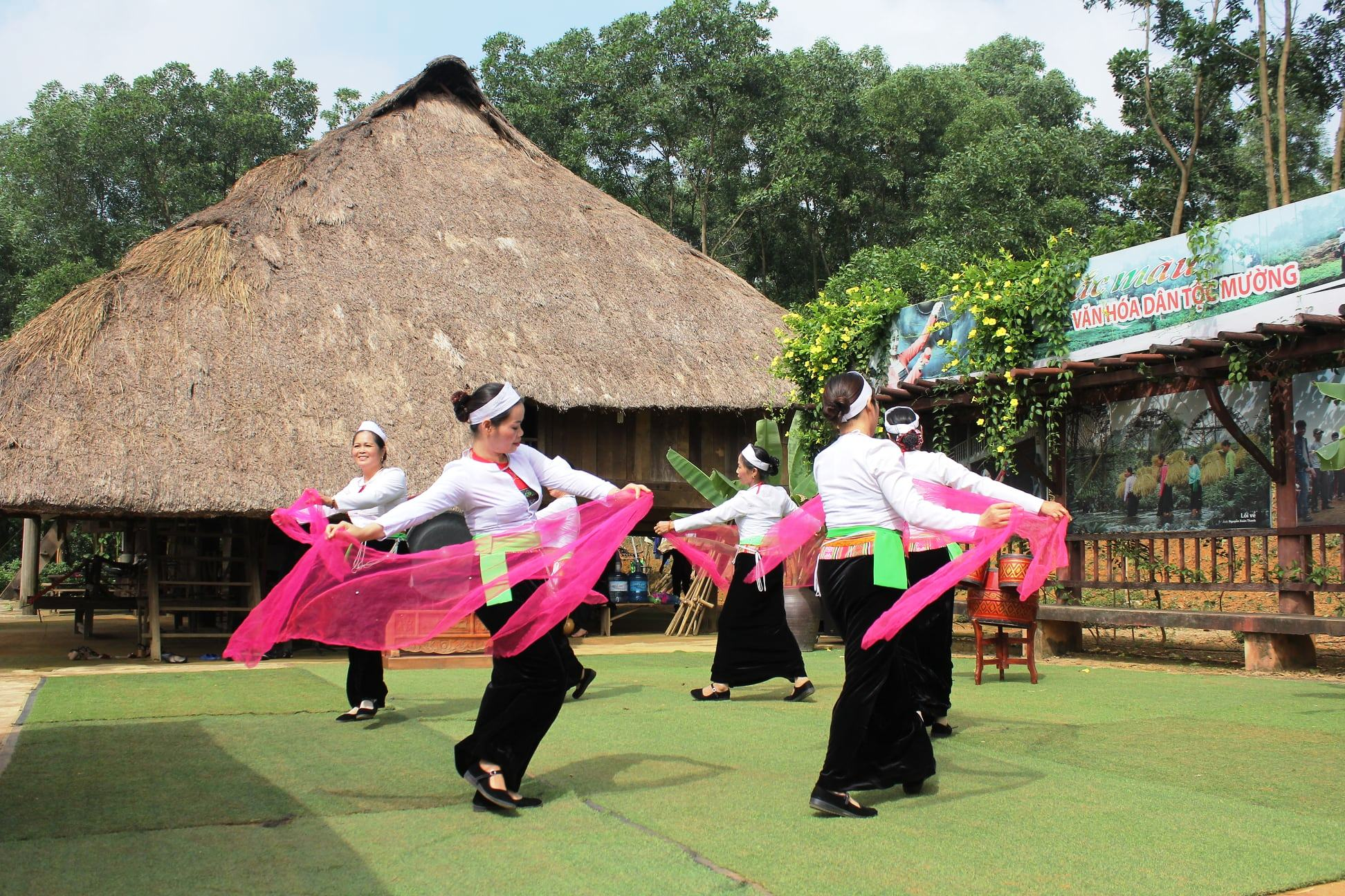 Đến với nhà sàn người Mường, bạn còn có thể chiêm ngưỡng những điệu múa của người dân tộc nơi đây (nguồn: Làng Văn Hóa)